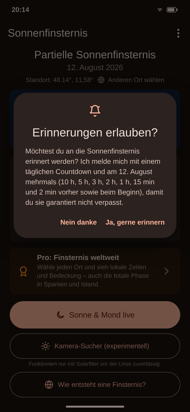 Abfrage, ob die App an die Finsternis erinnern darf